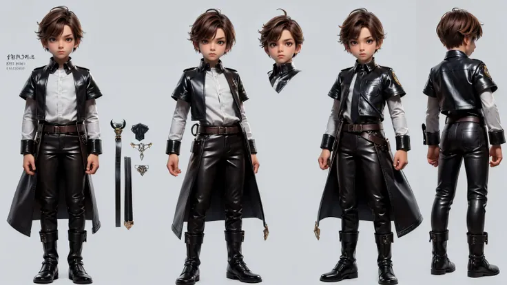 cute face boy, wearing leather pent and shirt, full standing pose, short brown hairs, Character Sheet, 12 yo student, Full body, Simple white background, character reference sheet, Concept art, design sheet