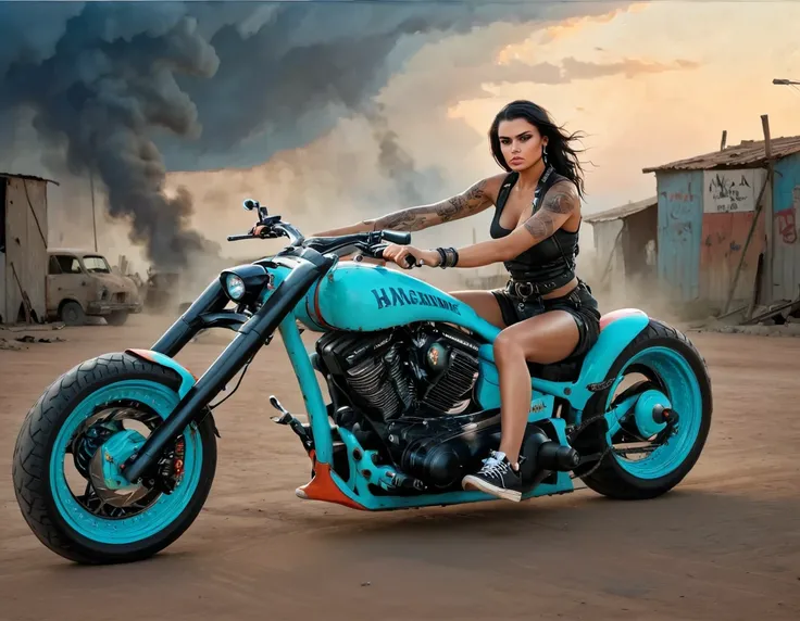 Mad Max post-apocalyptic punk motorcycle Ural bobber, Adriana Chechik in sneakers, master of painting in the style of Gerald Brom, oil on canvas