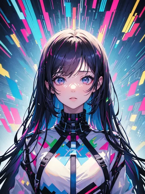 (masterpiece, Highest quality, Highest quality, Official Art, beautifully、aesthetic:1.2), One girl, Glitch Art, (Digital Distortion), Pixelated Fragments, Data Corruption,Colorful Noise, Visual clutter,Modern aesthetics