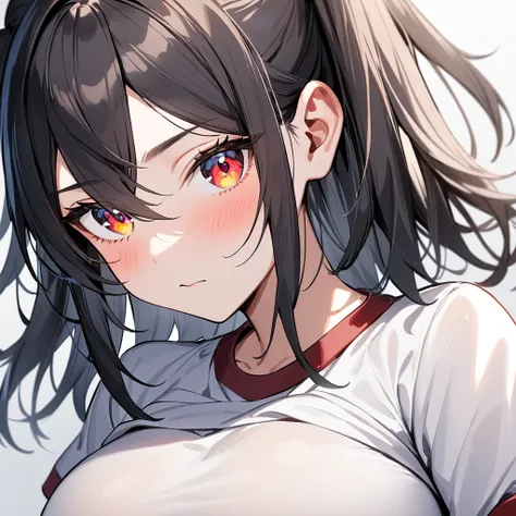 1 girl,Androgynous,two side up,big breast,black hair,red eyes,medium hair,sidelocks,Multicolored eyes,upper body,breasts focus,Gym Uniformgym shirt,masterpiece, best quality, very aesthetic, absurdres,cute