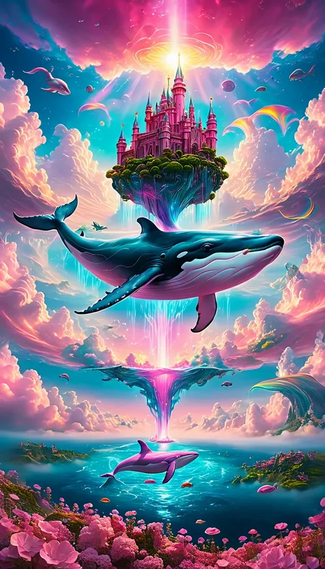 (a Dream Castle on the back of  a pink majestic whale) floating above the clouds of sky, dream castle, pink majestic whale,(best quality,4k,8k,highres,masterpiece:1.2),ultra-detailed, ethereal, dreamlike, surreal, with a touch of magic, vibrant colors, sof...