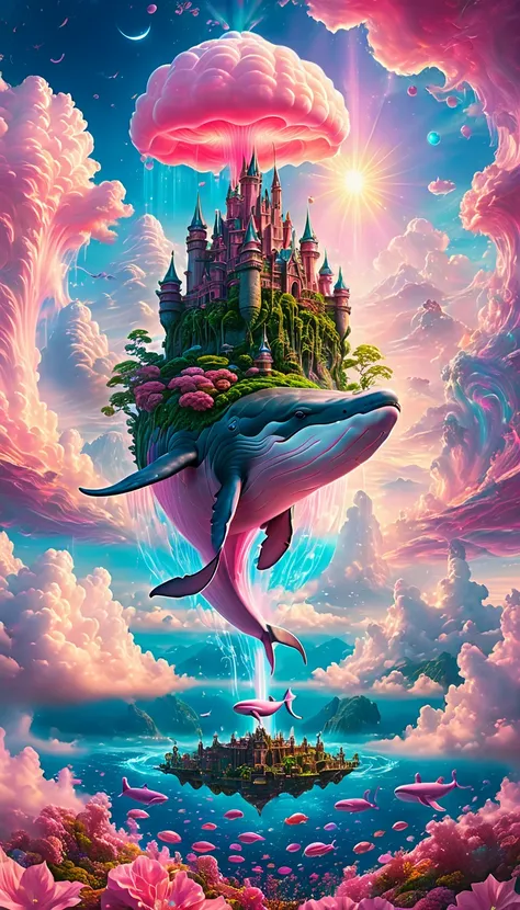 (a Dream Castle on the back of  a pink majestic whale) floating above the clouds of sky, dream castle, pink majestic whale,(best quality,4k,8k,highres,masterpiece:1.2),ultra-detailed, ethereal, dreamlike, surreal, with a touch of magic, vibrant colors, sof...