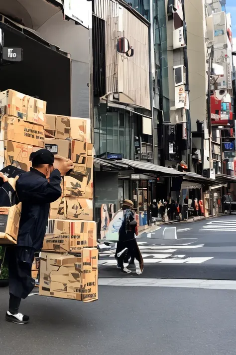 a delivery man is carrying a package、in town、shibuya　24k highest quality、masterpiece