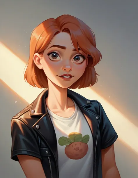 cartoon caricature with a large head size of a beautiful Indonesian girl, wearing a t-shirt, leather jacket, Disney Pixar 3D character,UHD, 16k, hard smudge, oil painting, digital art, smooth lighting, fisheye lens shot