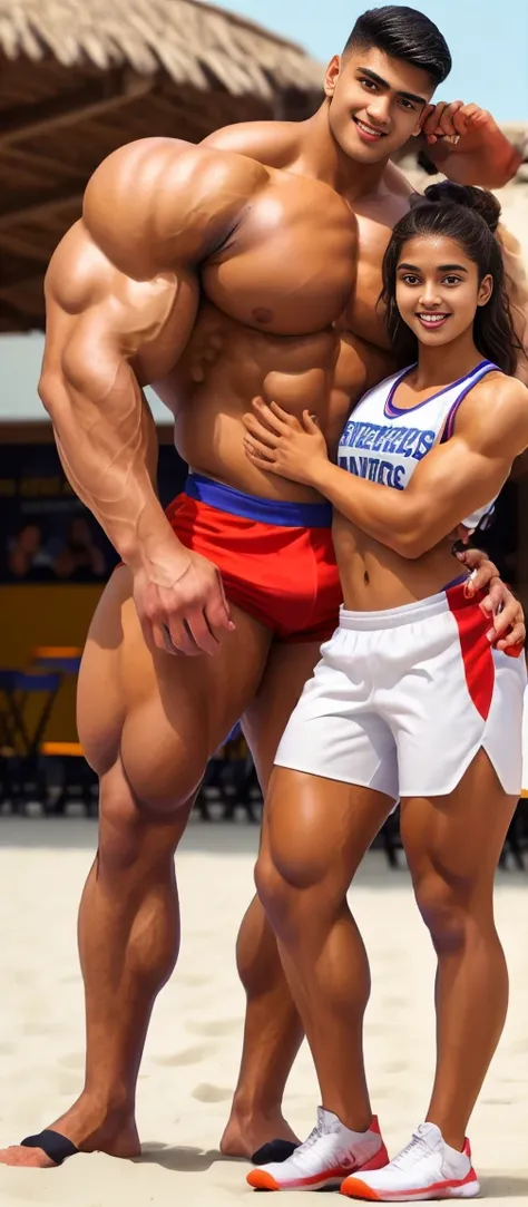 Tanned skin ugly faced indian very young muscular male with a mature woman, very tall, 2.30 meters tall, 20 year old overweight  bodybuilder basketball player, school freshman in basketball clothes, cute innocent sweet young funny face, great height differ...