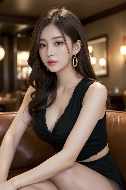 masterpiece, best quality, Practical, Very detailed, Finer details, high resolution, 8k wallpaper, A beautiful woman, Wear a black see-through shirt, In a great restaurant, night, Light Brown Fluffy Hairstyle, Perfect dynamic composition, Pretty and beauti...