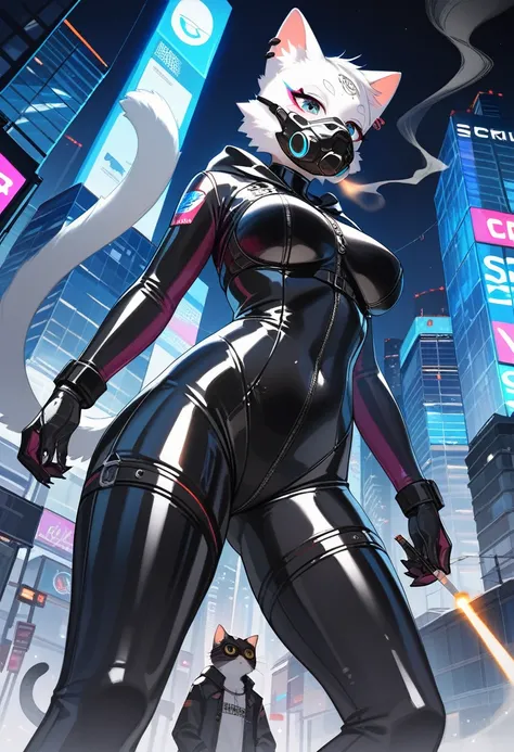 Highest quality, Highest quality, High quality illustrations, masterpiece, Ultra-high resolution, Detailed Background, skyscraper, night, Absurd, Perfect Anatomy, performance, Good lighting, Shadows in the movies(kemono, Furry PersonifiCation), Cat, White ...