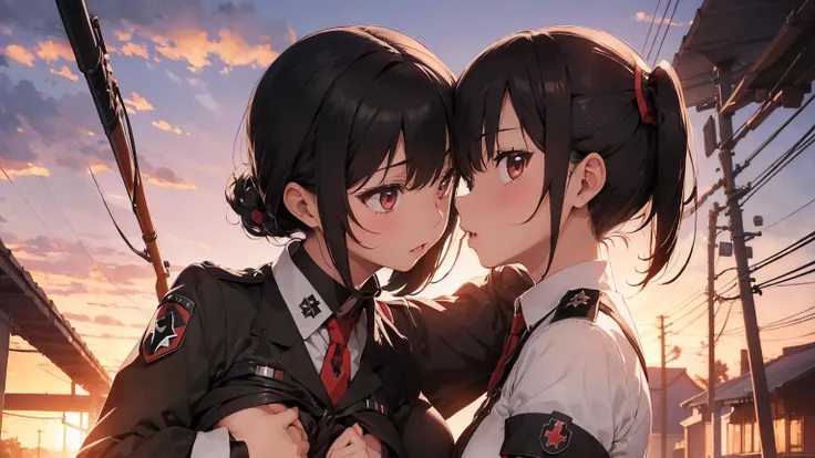  Gestapo uniform, female lesbian  kawaii sisters kissing passionately. wearing Luftwaffe uniforms. 8k. masterpiece. best quality. best artwork. lingerie. Swastika insignia red armband. busty bare breasts. nipples.  sunset. cunnilingus in army shower