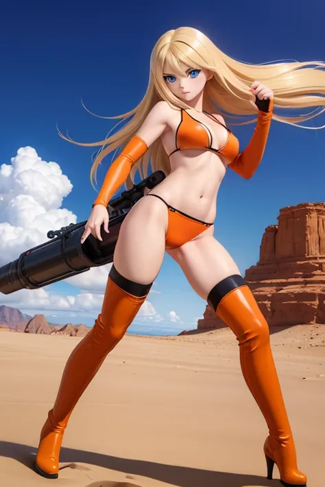 men and women　Perfect Anatomy　Highest quality,Highest Resolution,(((Dark orange bikini　Thigh-high boots)))　Metal Max 2:Reloaded　Mishka　Blonde　long hair　Blue Eyes　D Cup　20-year-old　end of the century　desert　athletic　Warrior　cool　Rocket Launcher