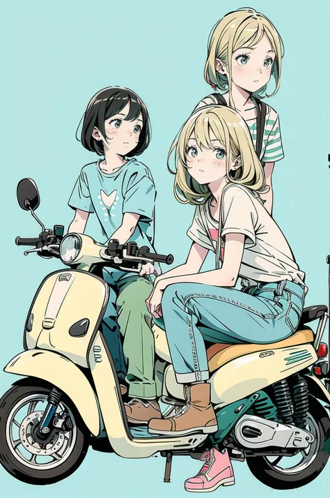 a beautiful anime-style illustration. a brown striped cat is sleeping on the seat of a pale blue scooter. next to the scooter, a...