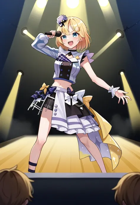 score_9, score_6_up, source_anime, stage, yellow lights, dynamic pose, holding microphone, singing, 1 boy , amelia_idol, bob cut...