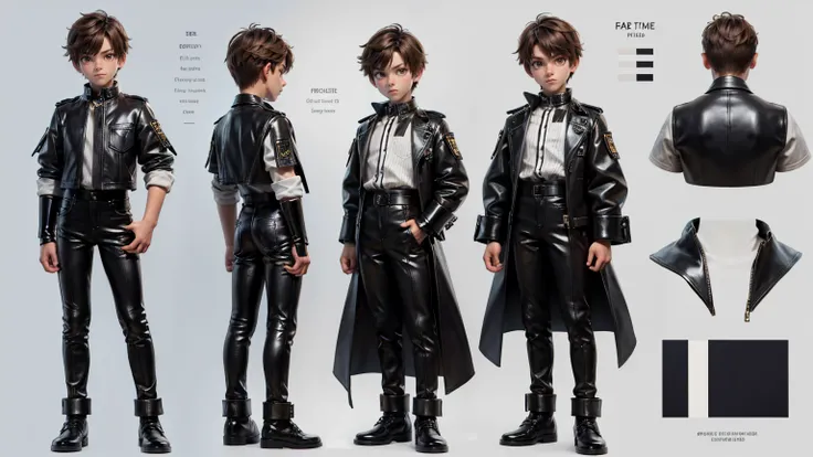 cute face boy, short height boy,  wearing leather pent and shirt, full standing pose, short brown hairs, Character Sheet, 12 yo student, Full body, Simple white background, character reference sheet, Concept art, design sheet