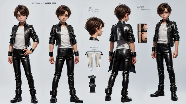 cute face boy, short height boy,  wearing leather pent and shirt, full standing pose, short brown hairs, Character Sheet, 12 yo student, Full body, Simple white background, character reference sheet, Concept art, design sheet