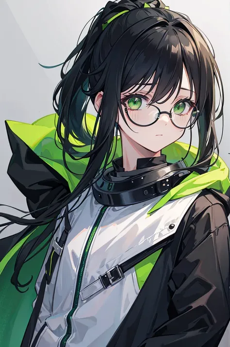 portrait, upper body face through torso, black hair, long wavy side ponytail, Lab goggles on top of head, half closed eyes, green eyes, dark green cloak