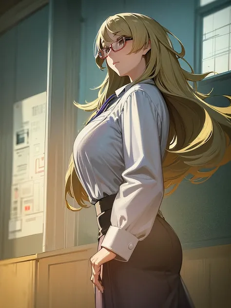 fractal anime art,gigantic eyeglasses,middle age woman alive,white blouse strange teacher,american,massive upperbody fashion model,look back,funny ghost house school,morning road story,anime art,A hyper-realistic,Illustration,High resolution,8K,Very detail...