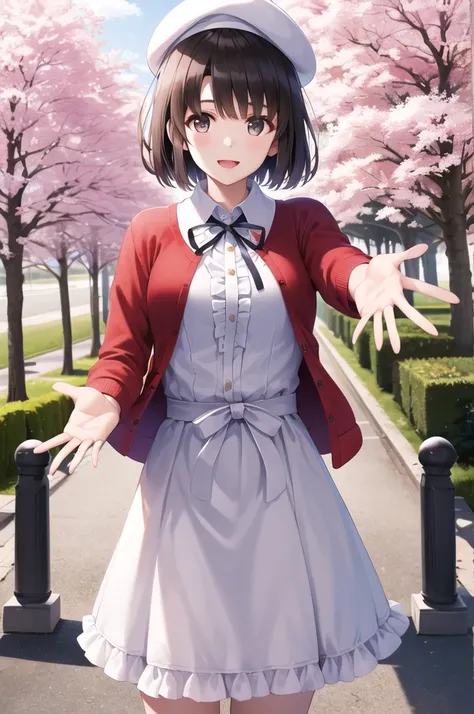 masterpiece, Highest quality, High resolution, Amegumi, short hair, beret, White Hat, Neck ribbon, Frills, White Dress, Red cardigan, Open clothes, Long sleeve, White ribbon, street, petal, cherry blossoms, Reaching out, smile, Open your mouth, Are standin...