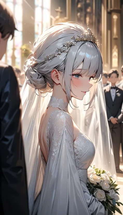 masterpiece , modern, Verism, masterpiece, super detail, best quality,4K , (((head shot))),Beautiful bride and groom, Lined up next to each other,wedding,People who bless those around,Inside the church,Happy atmosphere,Blurred background
