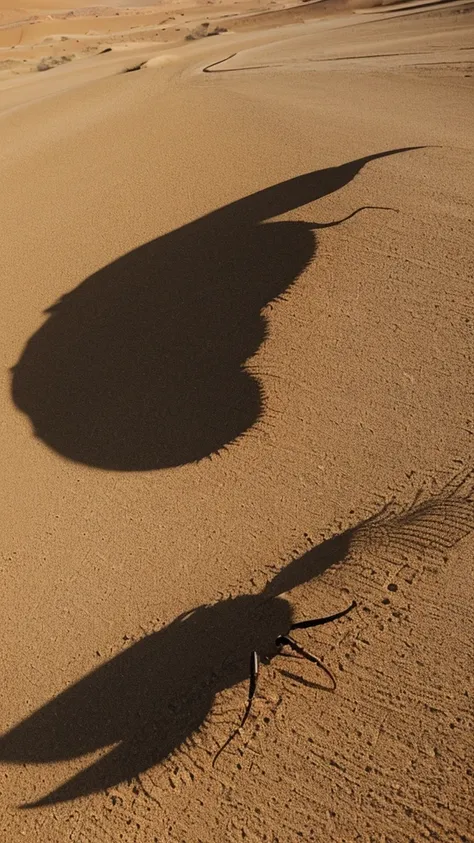 the image of a stylized scorpion, in the desert sun its shadow appears projected onto the arid soil