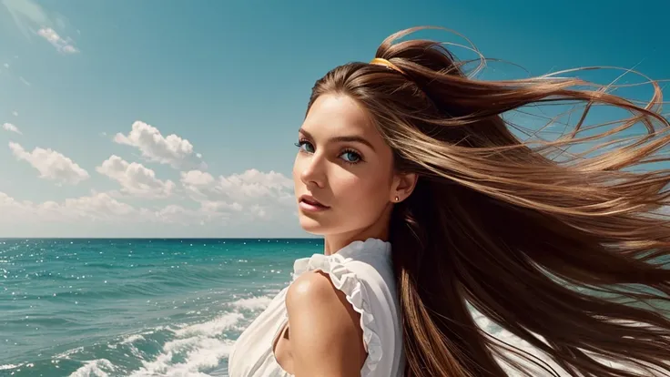 a woman with long hair in wind, in the style of pop inspo, hyper-realistic water, animated gifs, mario testino, close up, soft and dreamy, sky-blue and brown --ar 71:128 --stylize 750 --v 6