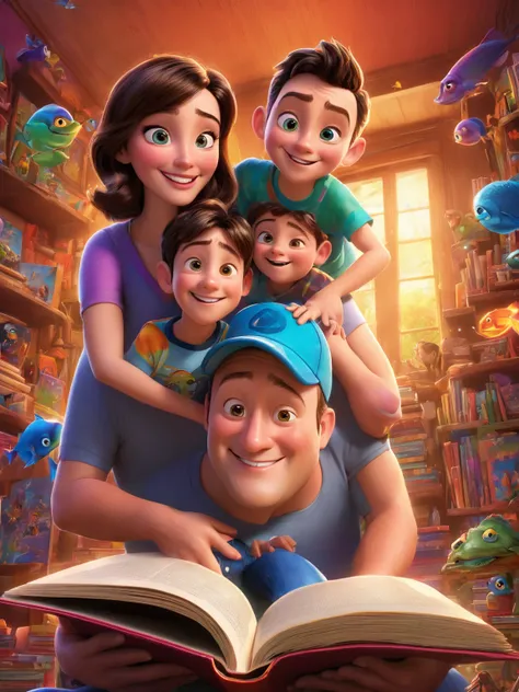 (bright and vibrant colors), (high resolution), (realisitic:1.37), Disney Pixar Movie Poster, (arte de Kevin James), skinny, no muscle, (55 year old man and his son),father and son, (beautiful detailed eyes:1.1), (beautiful detailed lips:1.1), smiling with...