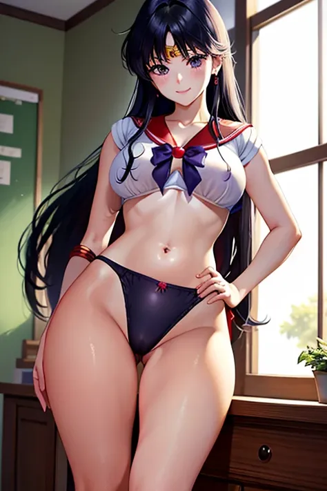 masterpiece、High resolution、High resolution、4K、8k、(((Stand with your feet apart、Big Breasts、Exposing the breasts)))、((Shiny underwear、Panties worn)))、Sailor Warrior Uniforms、Beautiful beauty、Long black hair、((whole body))、(((Photo taken from below)))、Schoo...