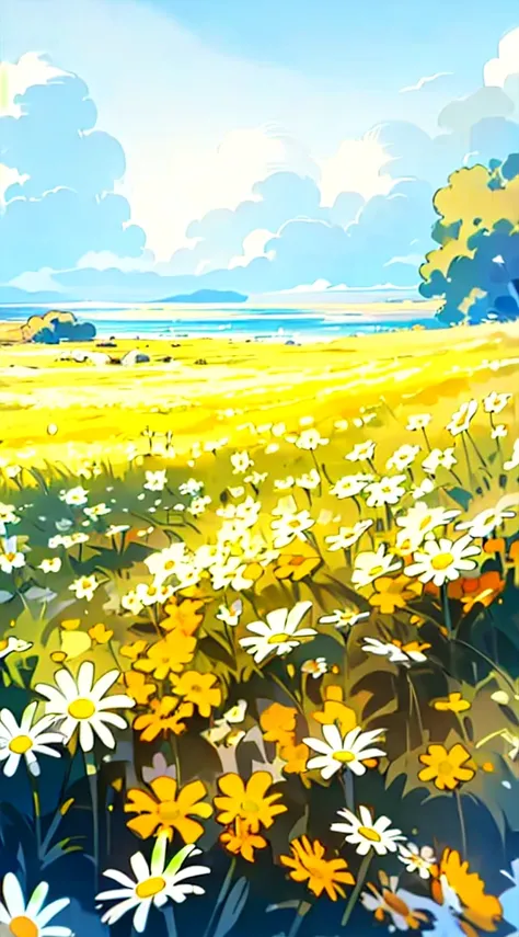 no humans, outdoors, flower, scenery, field, sky, white flower, day, horizon, ocean, flower field, yellow flower, colorful flowers, blue sky, daisy, landscape, cloud, water, (illustration:1.0), masterpiece, best quality, light sepia tone 