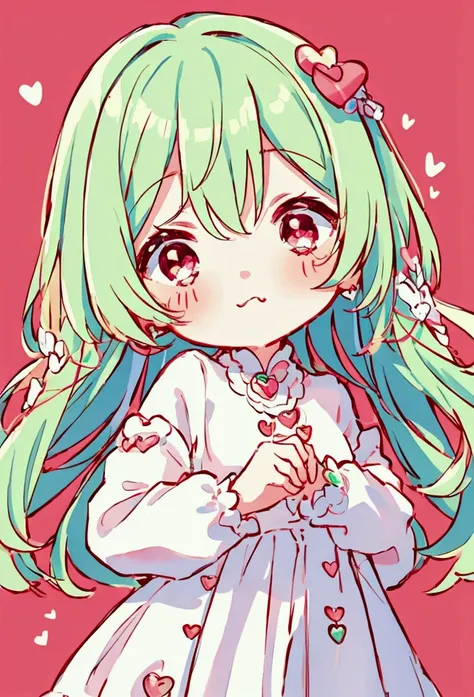 Cute style chibi girl, heart, soft, colorful, delicate, Expressive, texture, sharp, Red and Green