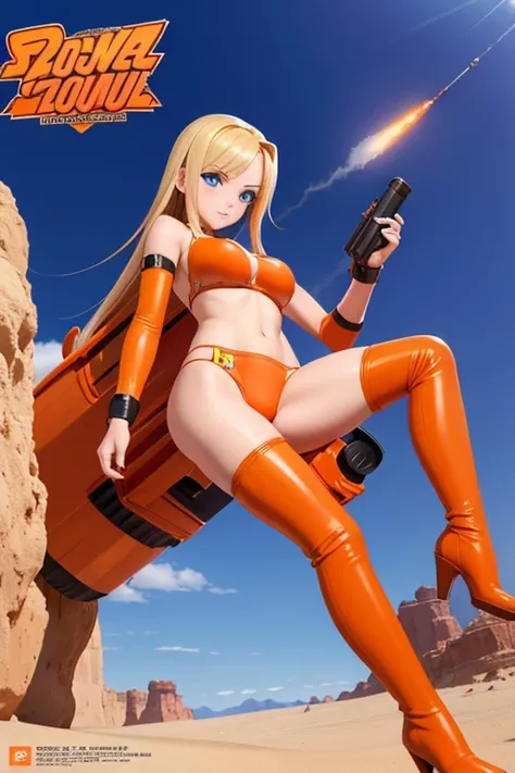 men and women　Perfect Anatomy　Highest quality,Highest Resolution,(((Orange competition swimwear　Thigh-high boots)))　Metal Max 2:Reloaded　Mishka　Blonde　long hair　Blue Eyes　D Cup　20-year-old　end of the century　desert　athletic　Warrior　cool　Rocket Launcher