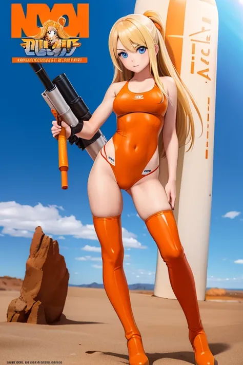 men and women　Perfect Anatomy　Highest quality,Highest Resolution,(((Orange competition swimwear　Thigh-high boots)))　Metal Max 2:Reloaded　Mishka　Blonde　long hair　Blue Eyes　D Cup　20-year-old　end of the century　desert　athletic　Warrior　cool　Rocket Launcher