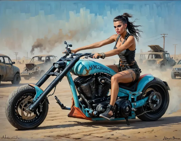 mad max post-apocalyptic punk motorcycle, adriana chechik in sneakers, master of painting in the style of gerald brom, oil on ca...