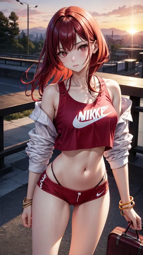 best qualityer, full - length portrait, 精致的面容, short red hair, hypdertailed,  de 18 anos, slender figure, Huge bust, camiseta cropped oversized, tummy, small waist, Opening between crotch, camel toe, low waist shorts, bikini panties, sunset bridge, supper,...