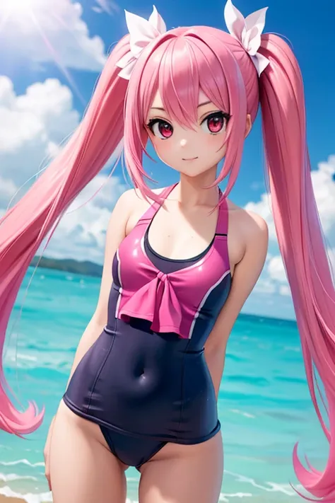 Perfect anatomy　Highest quality,Highest Resolution,(((School Swimsuit　　pink hair))) Metal Max 2:Reloaded　独奏　Twin tails　Red Eye　Slender　18-year-old