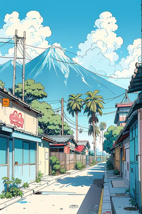 A beautiful anime-style illustration with white clouds in a blue sky and a coastline and mountains in the distance. In the center is an old basketball court surrounded by palm trees. There is graffiti on the wall on the left and a lush building on the righ...