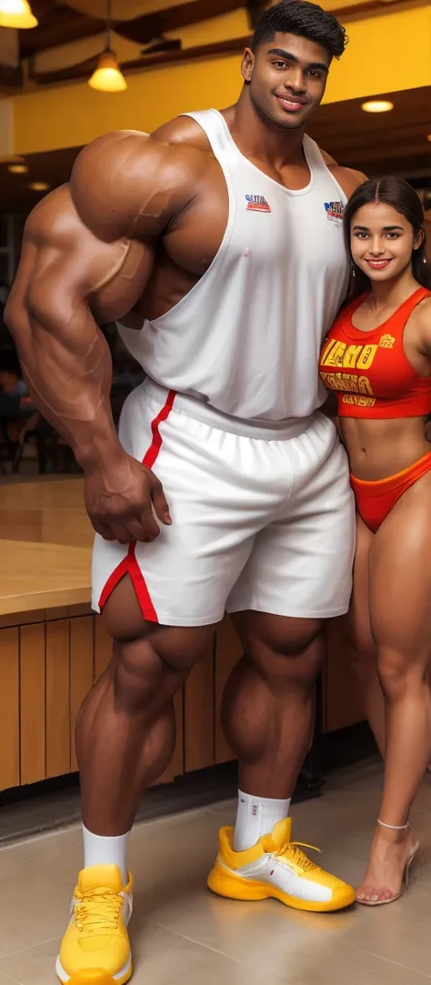 Dark skin baby faced indian very young muscular male with a mature woman, very tall, 2.30 meters tall, 20 year old overweight  bodybuilder basketball player, school freshman in basketball clothes, cute innocent sweet young funny face, great height differen...