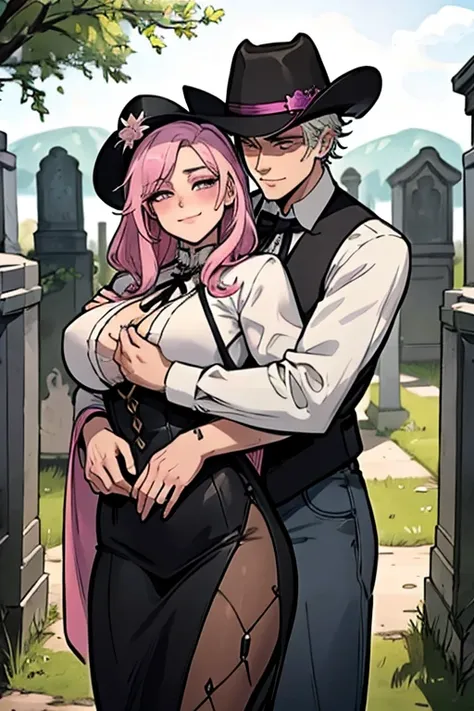 One man. One woman. Perfect faces. Perfect hands. A handsome pink haired cowgirl with violet eyes and an hourglass figure in a sheriffs outfit is hugging a young white haired man in a cowboy outfit in the cemetery in a wild west town with big smiles