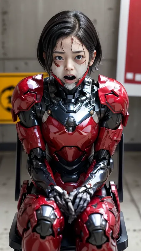 Rough skin, Very detailed, Advanced Details, high quality, 最high quality, High resolution, 1080P 、、Red Armor、Wearing red and black、cute((During a break))(Wearing a damaged female robot suit...)(Red Armor)(Broken Armor)Black Hair、、Chiquita、short hair、Open y...