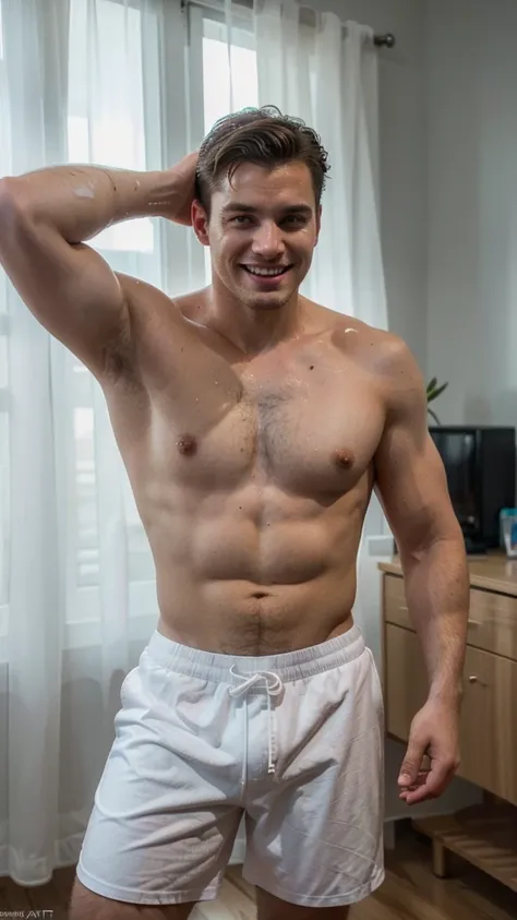 a man, active posing in the apartment, wearing white swimming trunks, smile, light photography, handsome man, extremely detailed face, smile, detailed eyes, detailed lips, cinematic composition, light color palette, high contrast, photorealistic, (best qua...