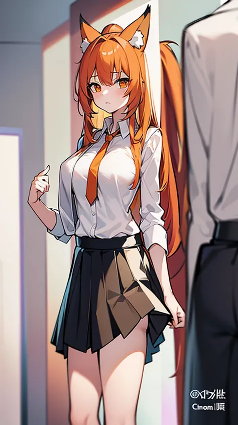 Standing full-length photo in anime style of a pretty 20-year-old girl with long, half-length orange hair, fox ears. large, delicate body and large bust, wearing sexy  clothes, a loose white blouse, a slim orange tie, a short black skirt, white socks and b...