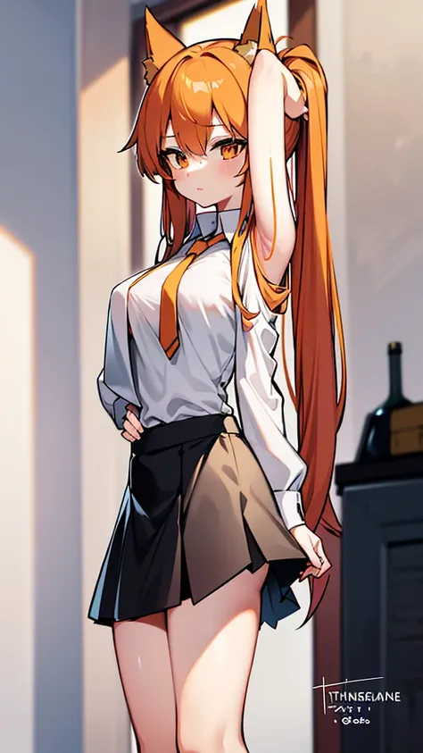 Standing full-length photo in anime style of a pretty 20-year-old girl with long, half-length orange hair, fox ears. large, delicate body and large bust, wearing sexy  clothes, a loose white blouse, a slim orange tie, a short black skirt, white socks and b...