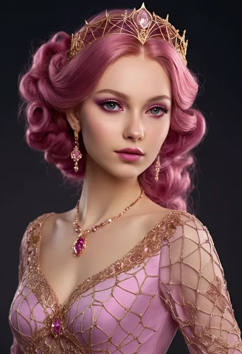 Create a realistic Caucasian woman with deep magenta eyes and long, wavy pink hair styled in an elegant updo. She is slender with small breasts. She wears a regal, ethereal dress with elegant and fantasy elements, featuring a gold, pastel pink, and rose go...