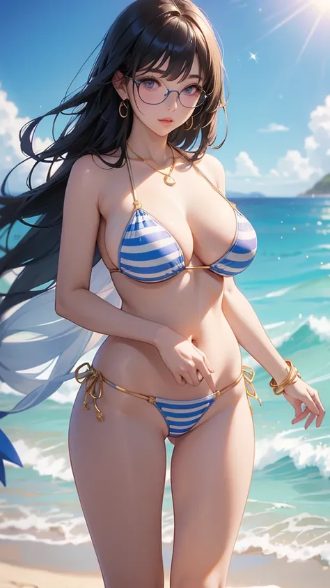 nsfw、Standing with hands behind back、Big Breastature adult woman、Toned body、Six Pack、8 heads、Beautiful feet、(Glasses、Black Hair、Purple Eyes、Twin Blade、)、Ocean辺、(((solo)))、(((Big Breasts)))、(Blue and white striped micro mini bikini、Blue and white striped Br...