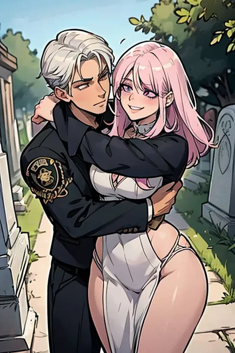 One man. One woman. Perfect faces. Perfect hands. A handsome pink haired cowgirl with violet eyes and an hourglass figure in a sheriffs outfit is hugging a young white haired man in a cowboy outfit in the cemetery in a wild west town with big smiles
