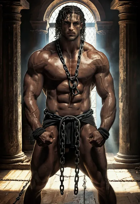 strong man, tied with chains, trapped in pillars, dramatic lighting, dark atmosphere, intense shadows, muscular physique, broken chains, determined expression, biblical theme, epic scene, powerful emotions