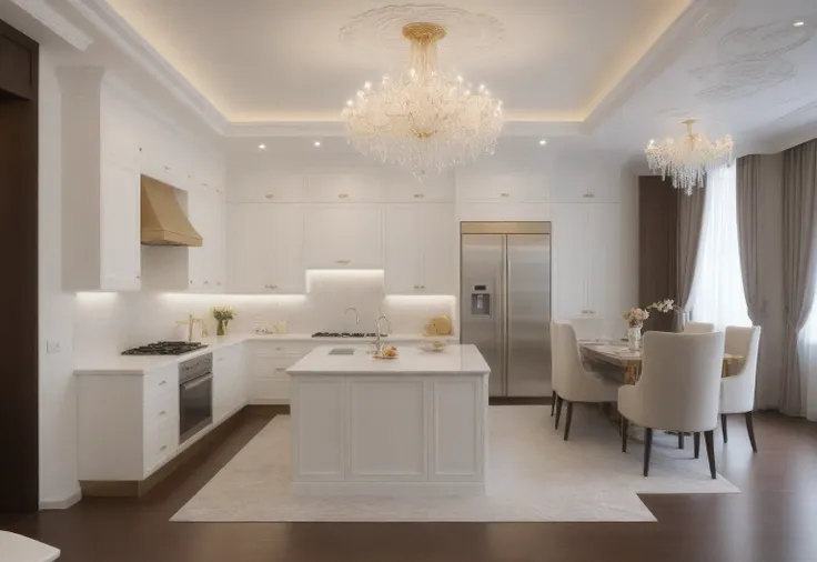 Masterpiece, Best quality,8K, Ultra-high resolution,When you step into the Kitchen and dinning room,Immediately surrounded by a rich atmosphere of luxury。Ornate crystal chandeliers hang high on the wall,Shine brightly。Kitchen island  was covered with a sof...