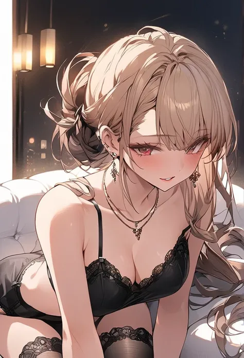 See-through sexy black and red underwear　Soapland　Shy and seductive look　Sexy Body　Clear Eyes　Round eyes　Sit on a plush chair　office lady　Japanese women　Manga illustration　Beautiful firm breasts　Beautiful E Cup Breasts　the body is slim　Highest quality　4K C...