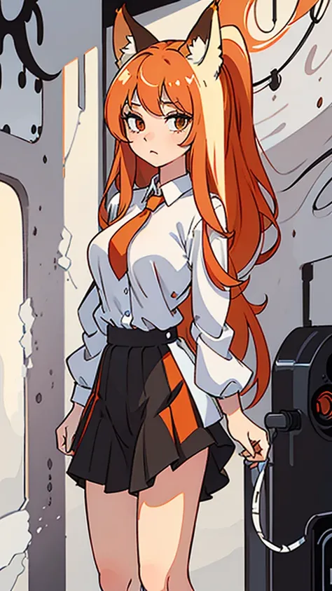 Standing full-length photo in anime style of a pretty 20-year-old girl with long, half-length orange hair, fox ears. large, delicate body and large bust, wearing sexy  clothes, a loose white blouse, a slim orange tie, a short black skirt, white socks and b...