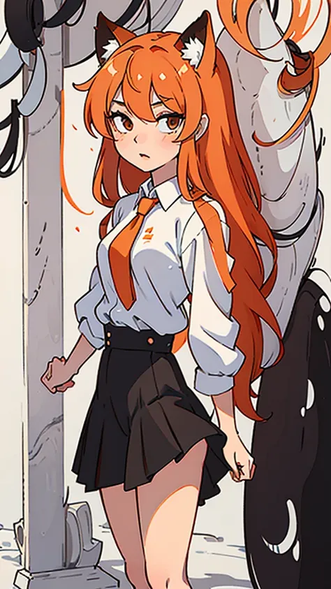 Standing full-length photo in anime style of a pretty 20-year-old girl with long, half-length orange hair, fox ears. large, delicate body and large bust, wearing sexy  clothes, a loose white blouse, a slim orange tie, a short black skirt, white socks and b...