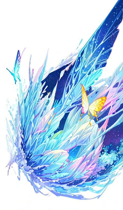 Cute iridescent round monster in space、Iridescent grass々Drawing a butterfly flying over the water, Looking up at the starry sky. Surround her with colorful nebulae and colorful forests.