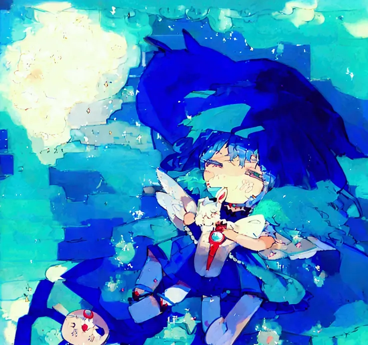 Anime girl with blue hair and blue dress, blue aura, from toho, ulcer toho, ulcer, ulcer from toho, toho character, an anime portrait of ulcer, toho, dreamy psychedelic anime, magical girl anime Mahou Shojo, Fubuki, an aura of magic around her, black-haire...