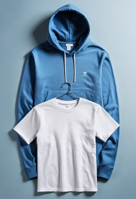 A neatly arranged T-shirt and a hoodie lie next to each other on a beautiful background. The background is bright and aesthetically pleasing, possibly with a soft gradient or a subtle pattern, that highlights the products. The T-shirt and hoodie are carefu...